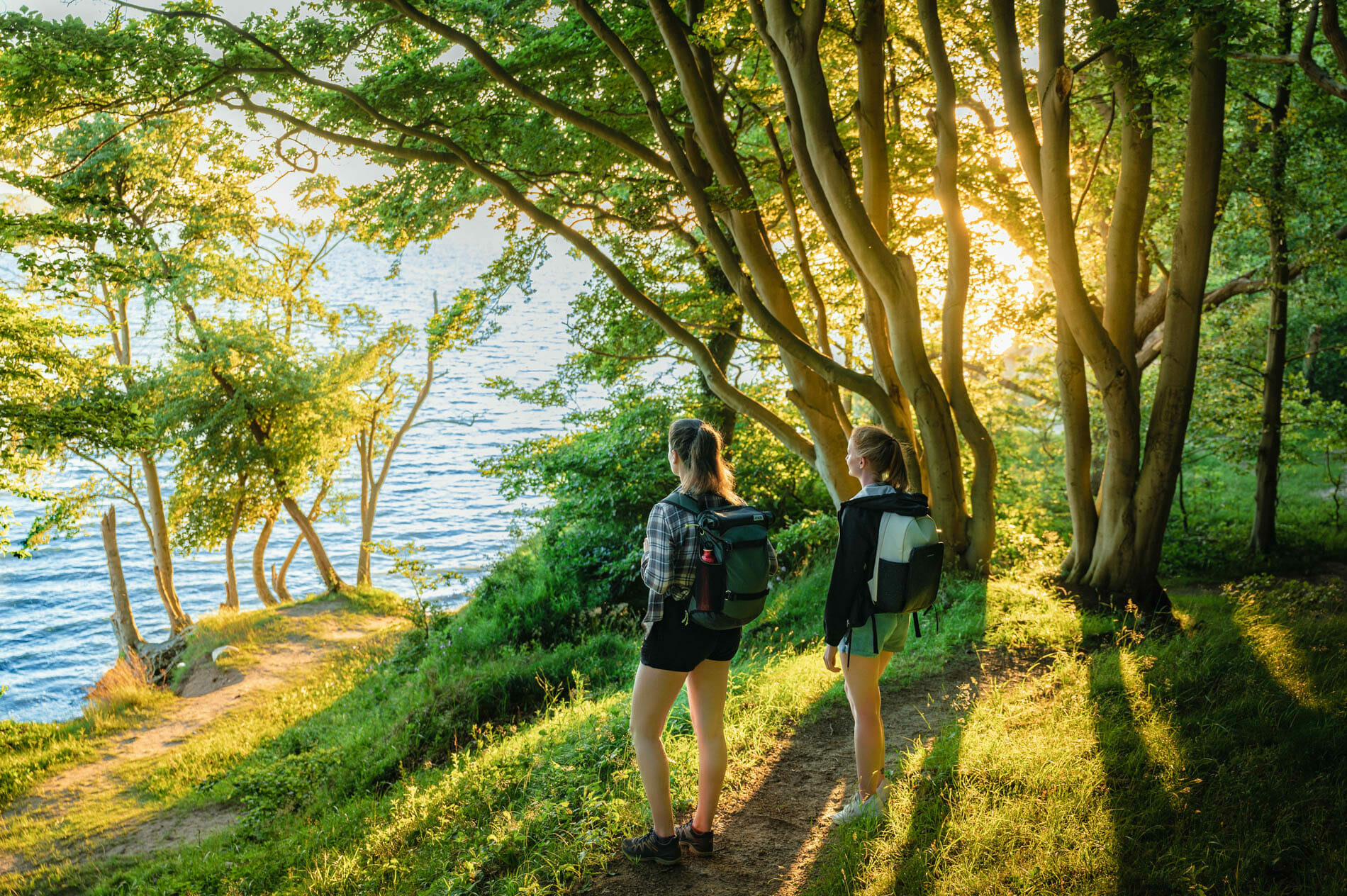 Tourismusfotos von einer Wandertour rund um die Insel Rügen mit zwei jungen Frauen. Die beiden stehen im Wald am Hochufer und schauen in Richtung Meer.