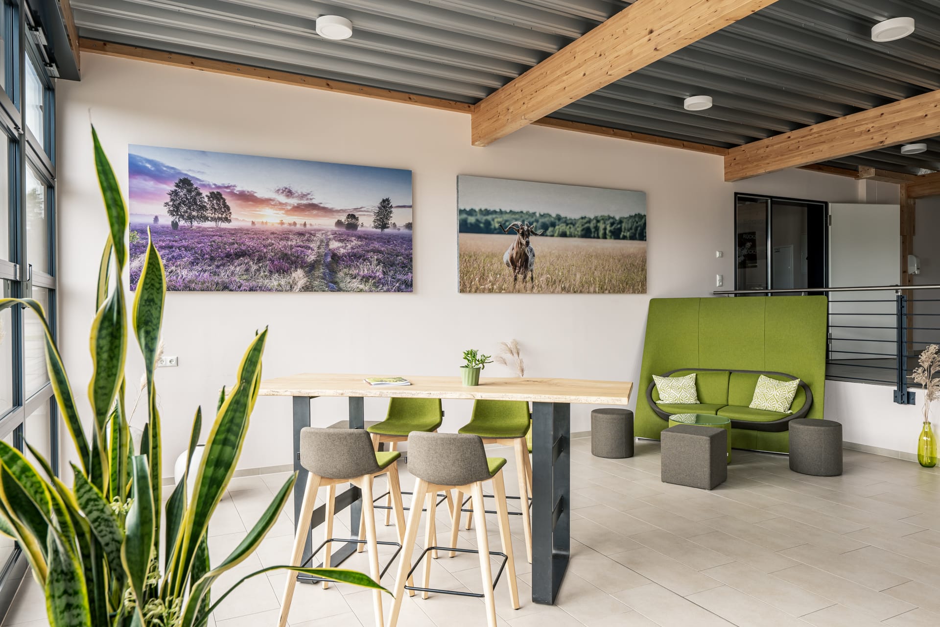Ein mit grünen Sitzmöbeln ausgestatteter Meeting-Raum für Tagungen mit zwei großen dekorativen Landschaftsfotografien an der Wand. Hotelfotos für Tagungshotels