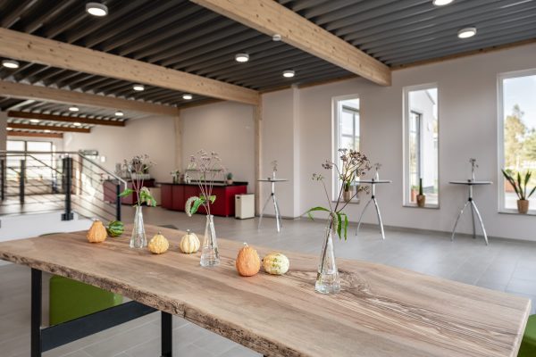 Eventbereich Hotelcamp-Reinsehlen moderner Eventbereich im Hotelcamp Reinsehlen mit Holz-, und Steh-Tischen und Pflanzen-Deko-Elementen