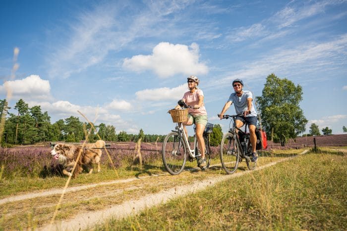 ein Bikerpaar fährt mit ihrem Hund durch die Lüneburger Heide